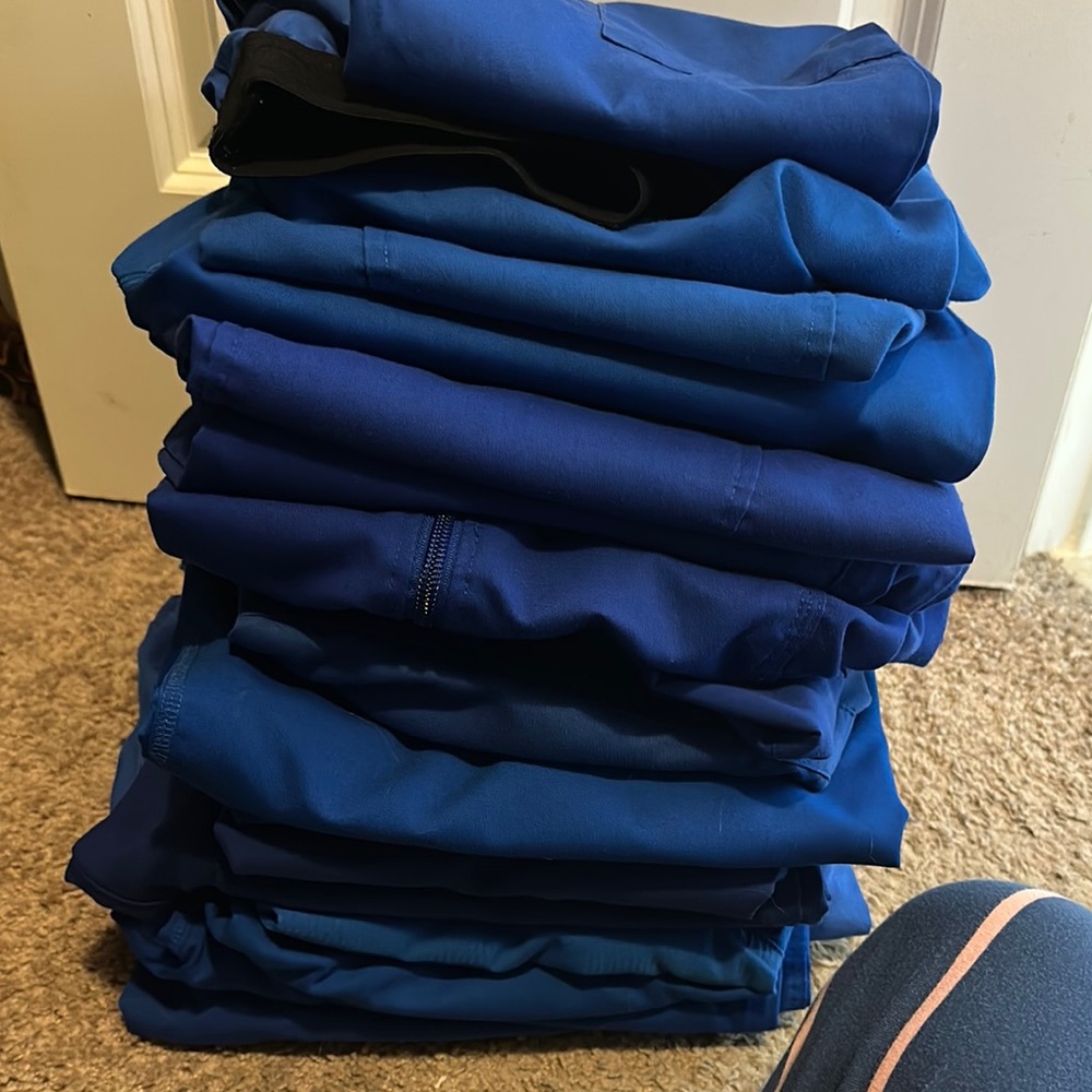 Stack of Blue Scrubs (healing hands, koi, jaanuu and greys anatomy) small and XS